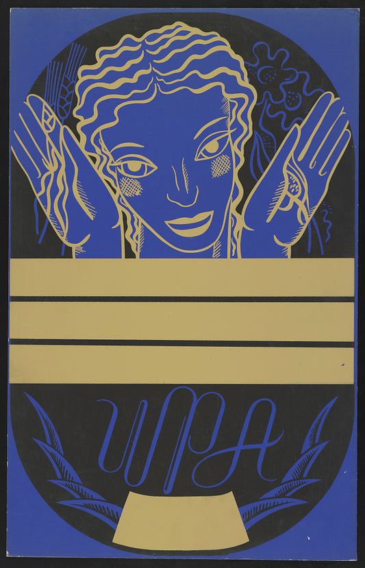 A picture of WPA poster design on blue background showing the head and hands of a woman holding flowers and wheat above a blank banner