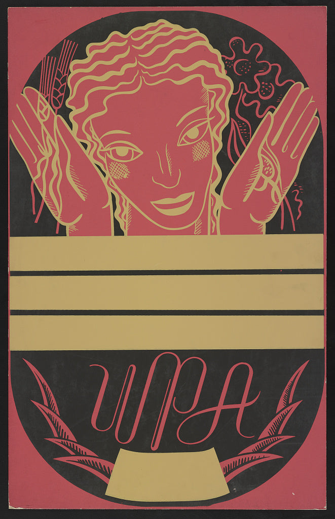 A picture of WPA poster design on red background showing the head and hands of a woman holding flowers and wheat above a blank banner
