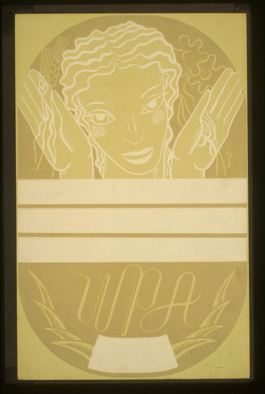 A picture of WPA poster design showing the head and hands of a woman holding flowers and wheat above a blank banner