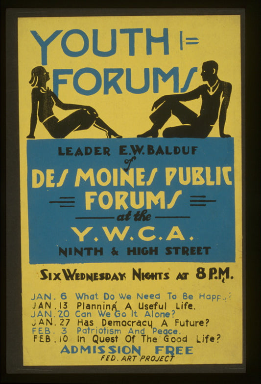 A picture of Youth forums Leader E.W. Balduf of Des Moines Public Forums at the Y.W.C.A. Ninth & High Street.